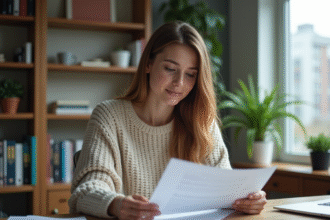 Jeune femme au bureau regardant un document