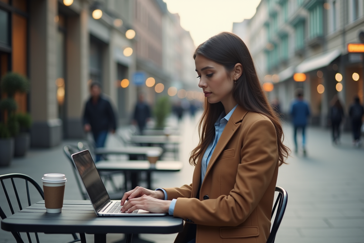 Jeune femme au café en ville contemplant son ordinateur