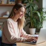 Jeune femme créant un GIF anniversaire dans un bureau cosy