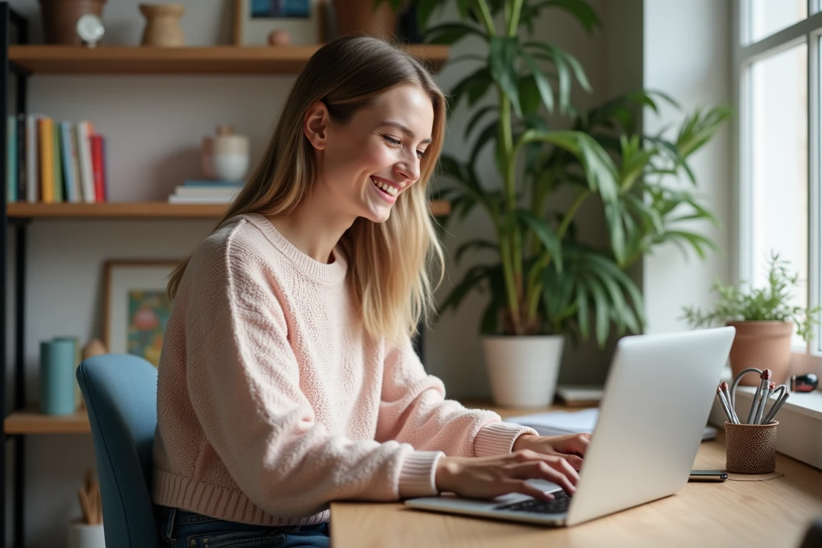 Jeune femme créant un GIF anniversaire dans un bureau cosy