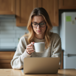 Femme assise à la cuisine avec ordinateur et tasse de café