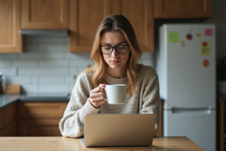 Femme assise à la cuisine avec ordinateur et tasse de café