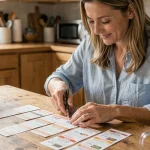 Femme découpant des coupons de réduction imprimés à la table de cuisine pour faire des économies au quotidien