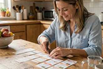 Femme découpant des coupons de réduction imprimés à la table de cuisine pour faire des économies au quotidien