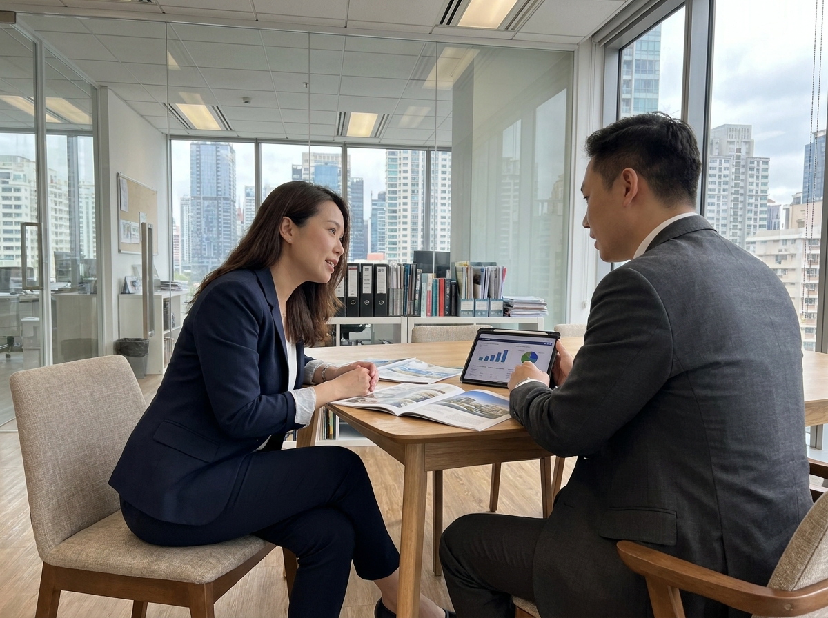 Femme en business discussion avec un conseiller dans un bureau moderne