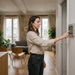 Femme utilisant un panneau domotique mural dans un appartement parisien moderne avec plafonds haussmanniens