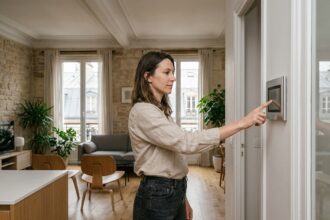 Femme utilisant un panneau domotique mural dans un appartement parisien moderne avec plafonds haussmanniens
