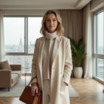 Femme élégante en manteau crème dans un appartement moderne