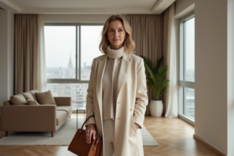 Femme élégante en manteau crème dans un appartement moderne