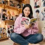 Jeune femme entourée de posters et figurines d'anime husbandos dans sa chambre cosy, tenant un manga avec un sourire nostalgique
