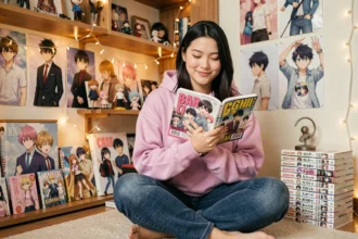 Jeune femme entourée de posters et figurines d'anime husbandos dans sa chambre cosy, tenant un manga avec un sourire nostalgique
