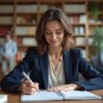 Femme professionnelle révisant des règles de grammaire française dans un carnet, assise à un bureau en bois dans un open space moderne
