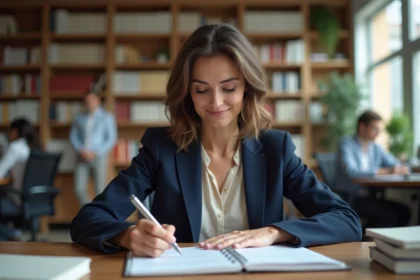 Femme professionnelle révisant des règles de grammaire française dans un carnet, assise à un bureau en bois dans un open space moderne