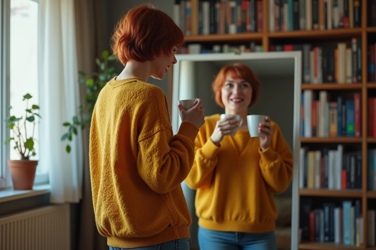 Jeune femme faisant une grimace devant un miroir dans un appartement, illustrant l'autodérision et l'humour sur soi-même