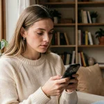Femme contemplant l'heure miroir 12h21 sur son téléphone, symbole de guidance angélique et d'amour