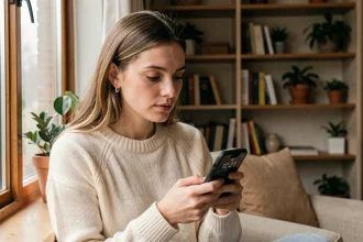 Femme contemplant l'heure miroir 12h21 sur son téléphone, symbole de guidance angélique et d'amour