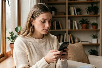 Femme contemplant l'heure miroir 12h21 sur son téléphone, symbole de guidance angélique et d'amour