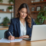 Jeune femme en blazer bleu compare des annonces immobilières