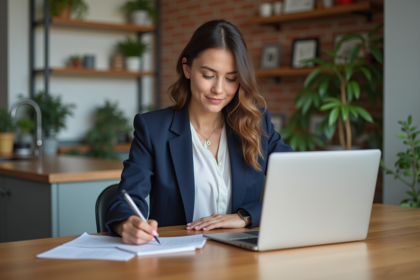 Jeune femme en blazer bleu compare des annonces immobilières