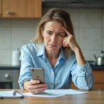 Femme inquiète avec smartphone dans une cuisine lumineuse