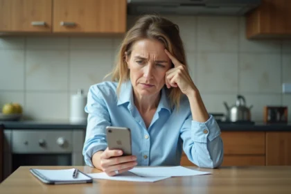 Femme inquiète avec smartphone dans une cuisine lumineuse