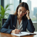 Femme concentrée écrivant principes d'investissement dans un bureau moderne