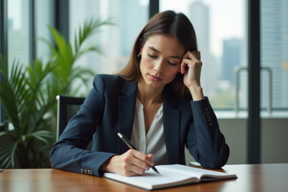 Femme concentrée écrivant principes d'investissement dans un bureau moderne