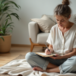 Femme méditant et écrivant dans un intérieur minimaliste