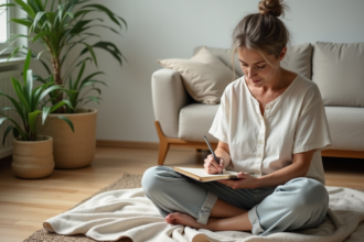 Femme méditant et écrivant dans un intérieur minimaliste