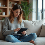Femme lisant un e-reader dans un salon cosy
