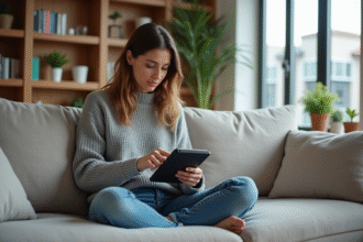 Femme lisant un e-reader dans un salon cosy