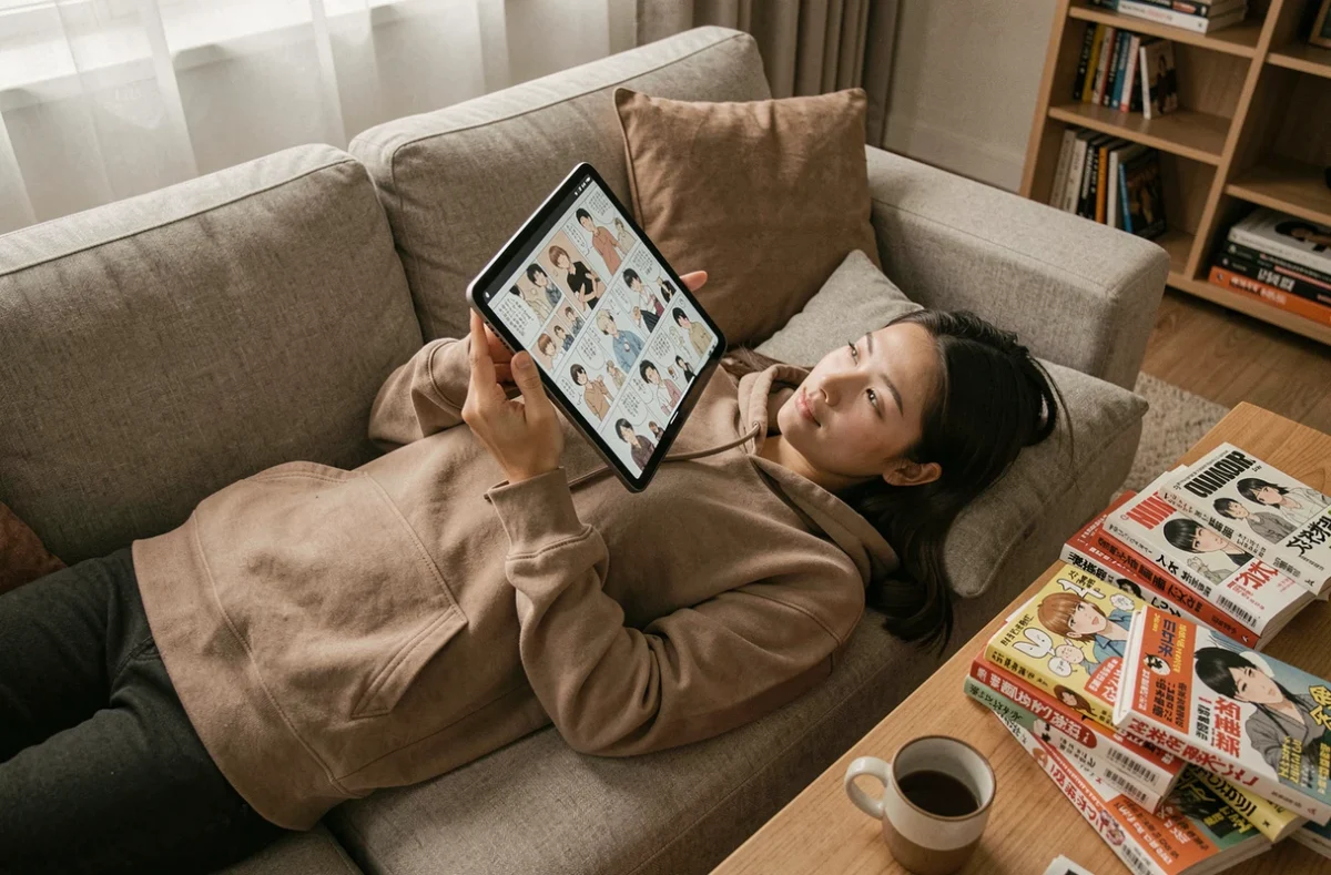 Jeune femme lisant le dernier chapitre de One Piece en VF sur une tablette dans son salon