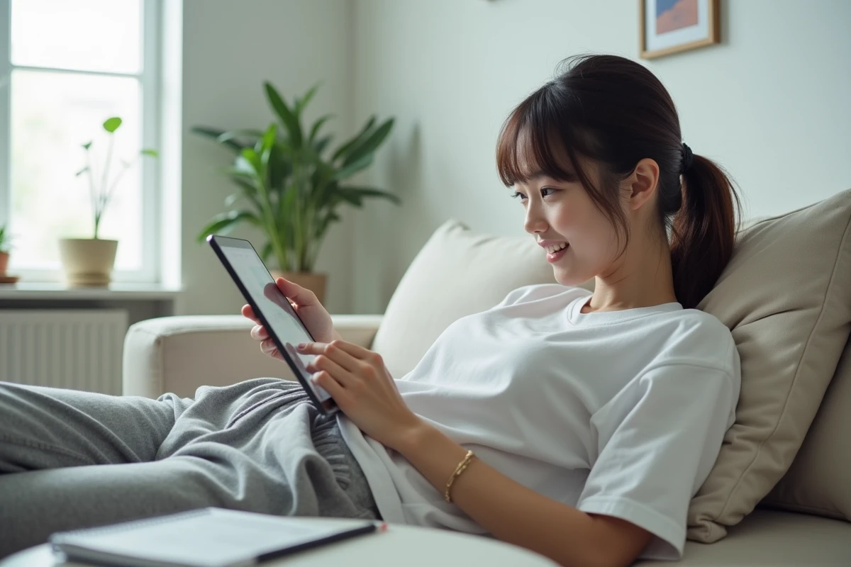 Jeune femme allongée sur un canapé consultant les derniers chapitres de scan One Piece sur une tablette dans un appartement moderne