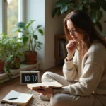Femme assise avec journal et horloge à 1h11 dans un intérieur calme