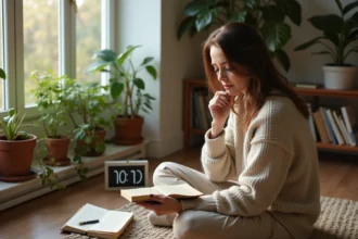 Femme assise avec journal et horloge à 1h11 dans un intérieur calme