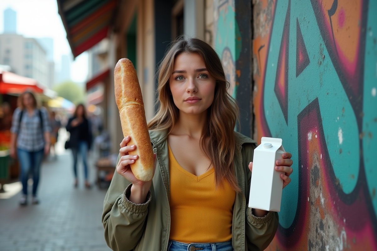 Jeune femme compare des produits dans un marché urbain