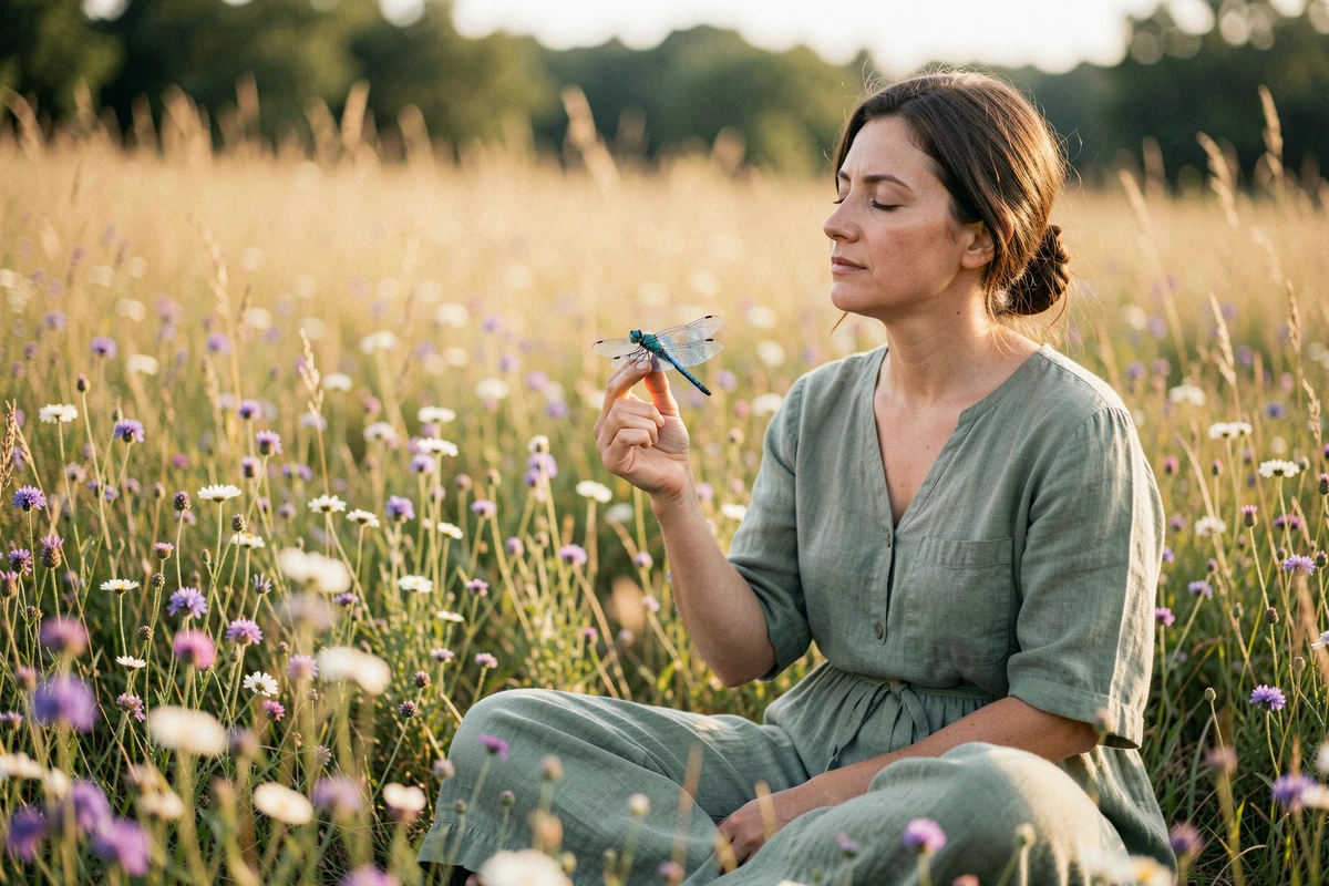 Femme méditant dans un champ de fleurs sauvages avec une libellule bleue sur sa main, totem animal et symbolisme spirituel