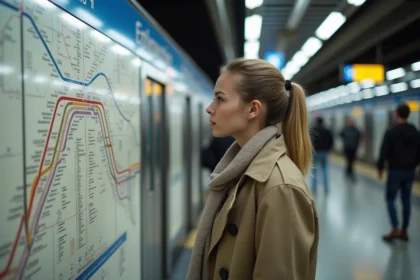 Jeune femme étudie une carte du métro parisien