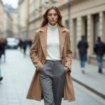 Jeune femme en manteau beige dans une rue urbaine