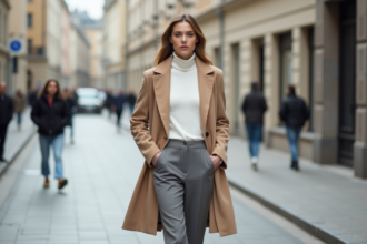 Jeune femme en manteau beige dans une rue urbaine