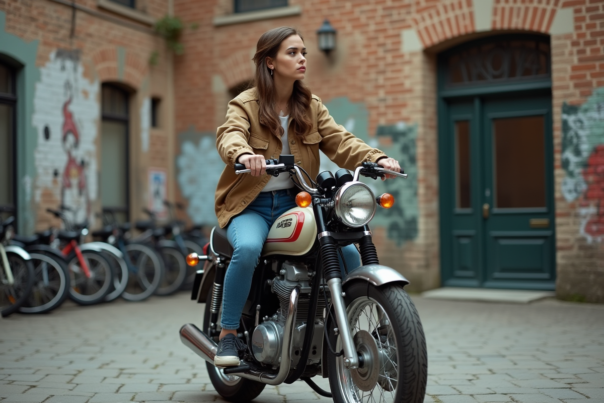 Jeune femme assise sur une Honda Dax vintage en ville