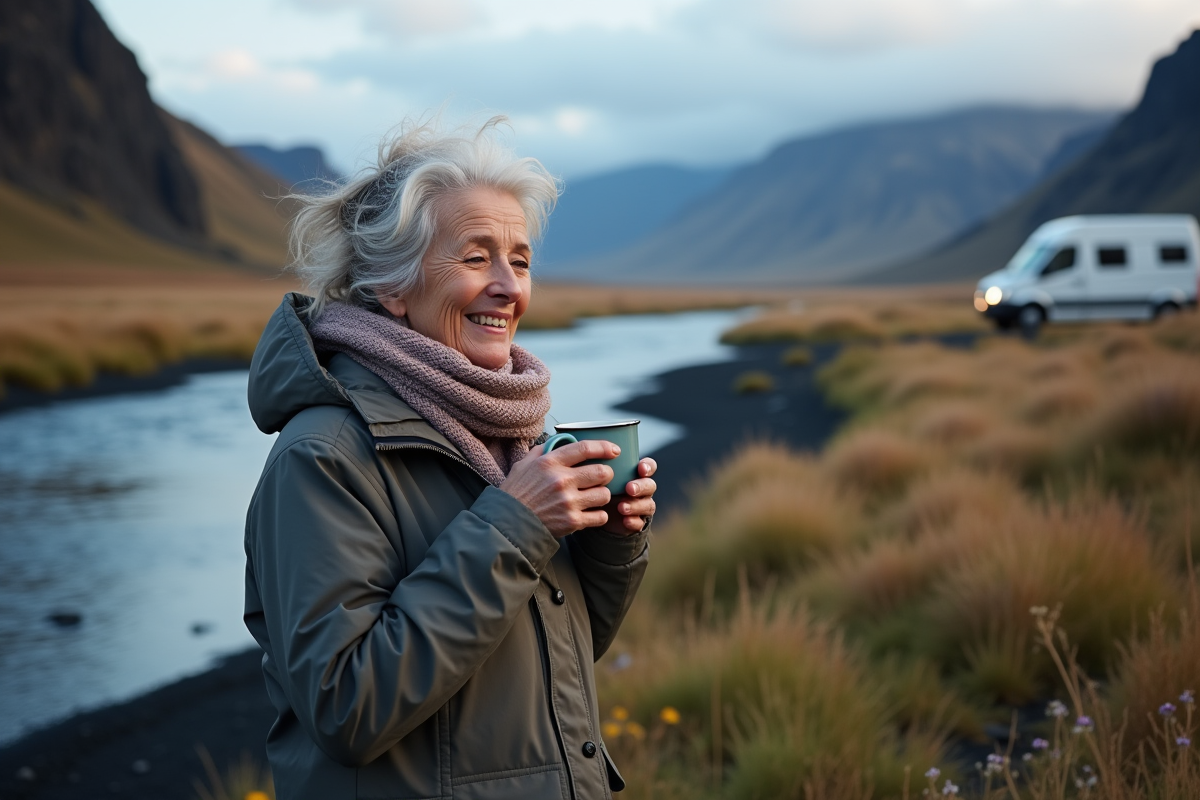 Femme âgée buvant dans une tasse près d