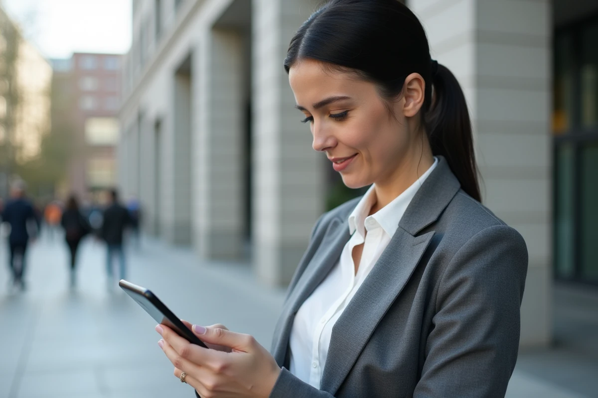 Femme concentrée utilisant son smartphone devant un bâtiment moderne