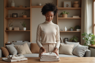 Femme en turtleneck beige dans un intérieur moderne