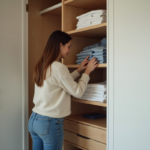 Femme arrangeant des vêtements dans un placard moderne