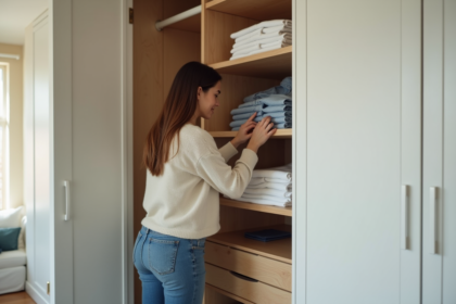 Femme arrangeant des vêtements dans un placard moderne