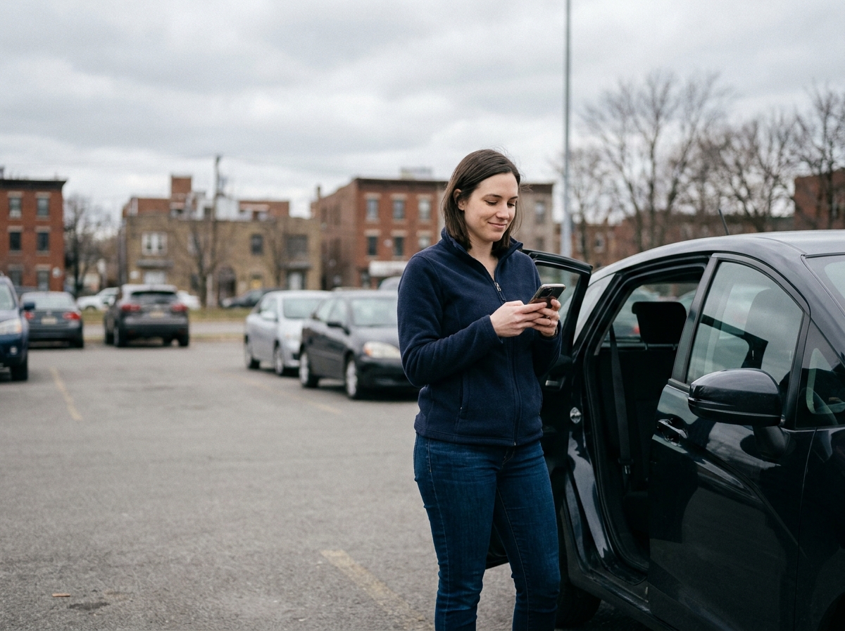 Femme debout près de sa voiture dans un parking urbain, consultant son téléphone avant de conduire