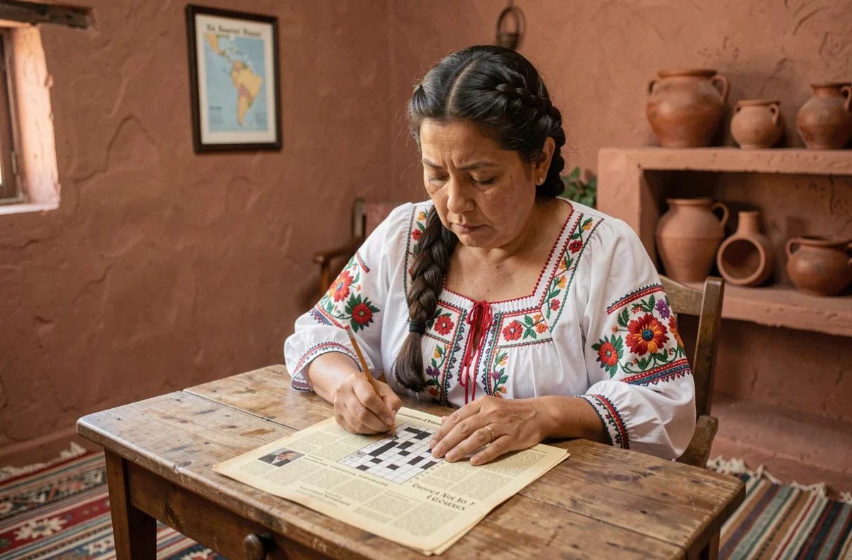 Femme péruvienne d'âge mûr en vêtements traditionnels résolvant une grille de mots fléchés dans une maison en adobe