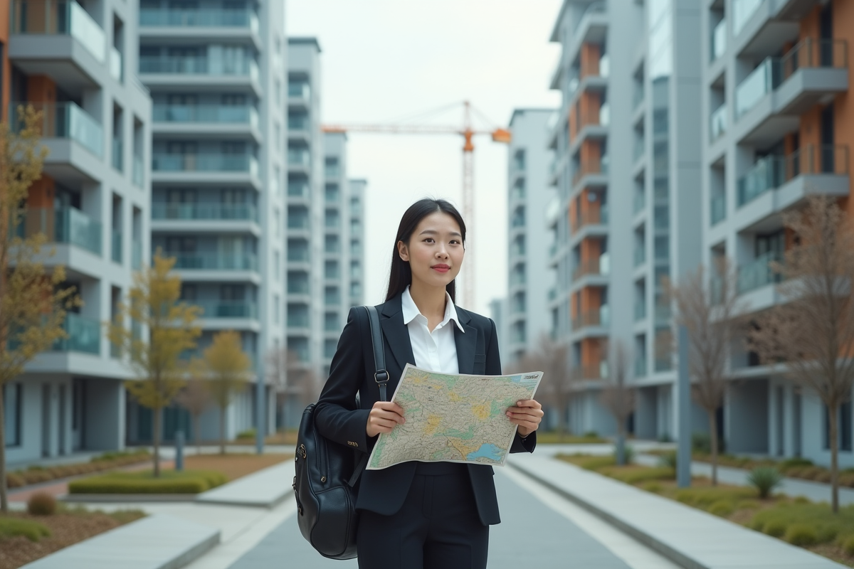 Jeune femme avec carte dans un quartier résidentiel en construction