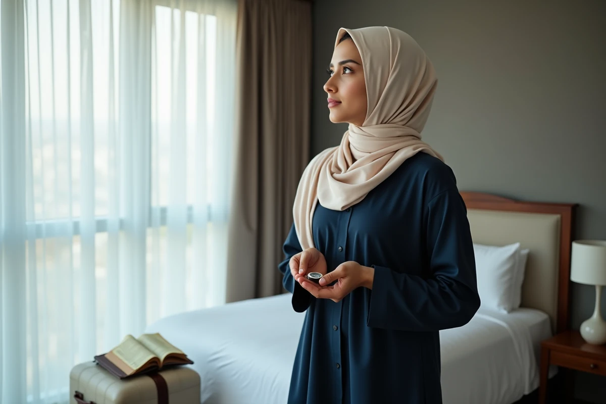 Femme musulmane en voyage tenant une boussole de qibla dans une chambre d'hôtel pour orienter sa prière du Maghreb